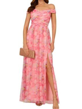 Adrianna Papell Pink Floral Chiffon Off the Shoulder Evening Event Dress